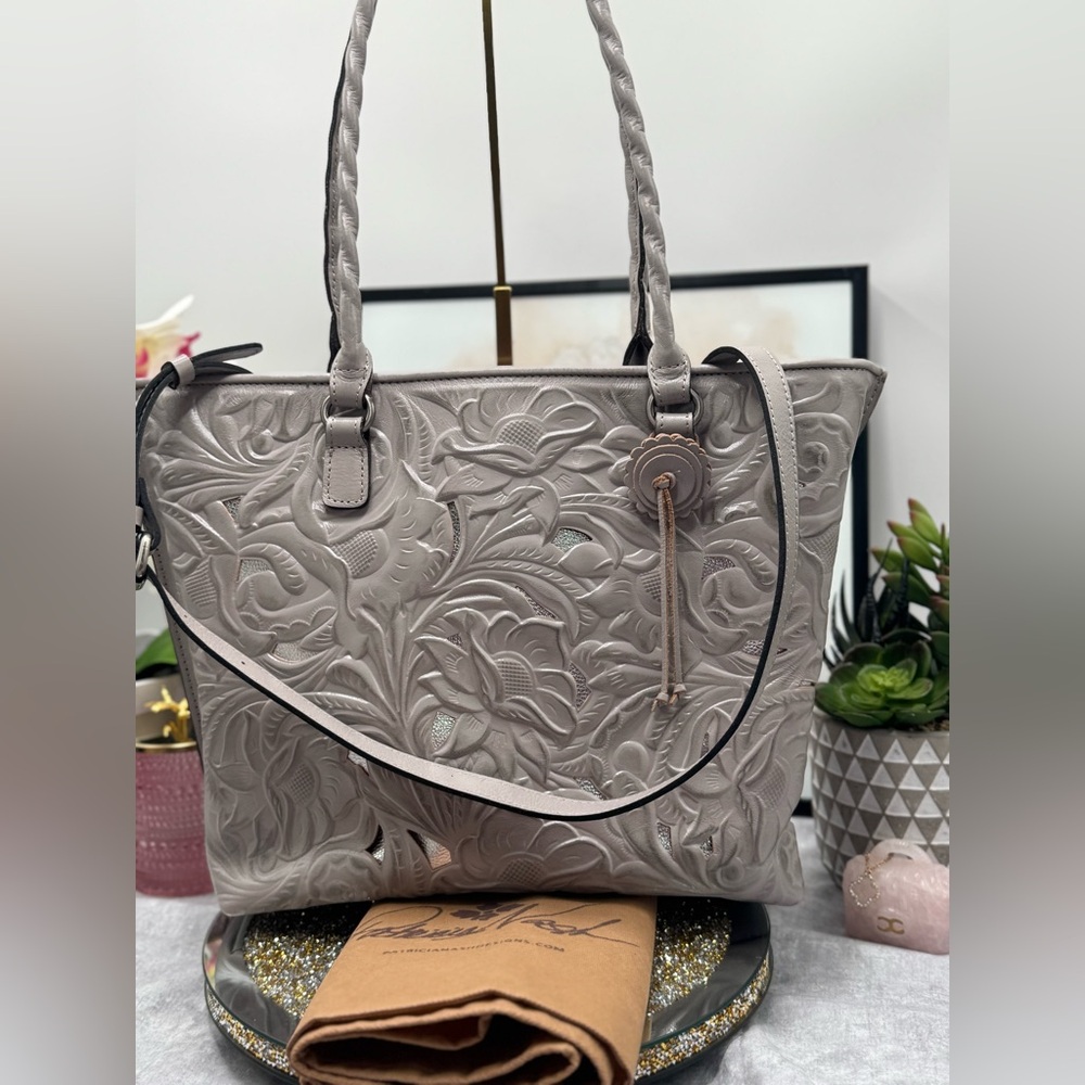 PATRICIA NASH Adeline Stone Gray Leather Cutout Tooled Tote Handbag